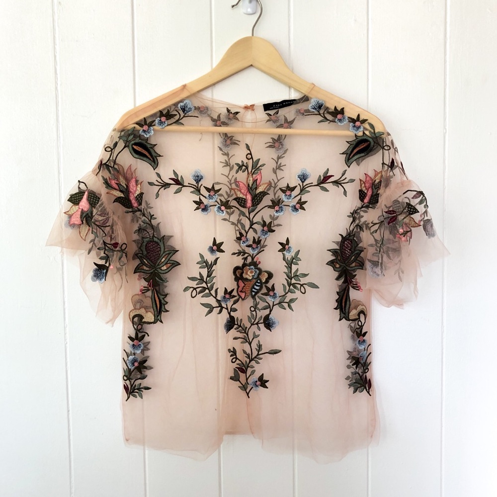 ZARA Sheer Embroidered Blouse